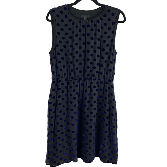 J. Crew Black Blue Polka Dot Sleeveless Silk Blend Dress Size 10 - Picture 2 of 13